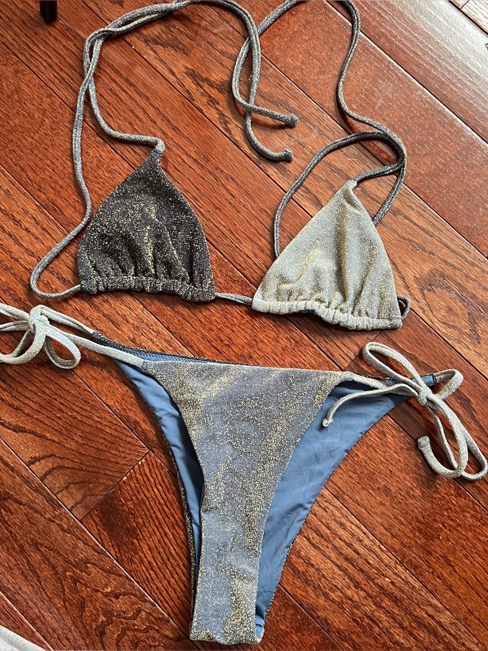 aerie Shimmery Gold and Blue Triangle String Bikini